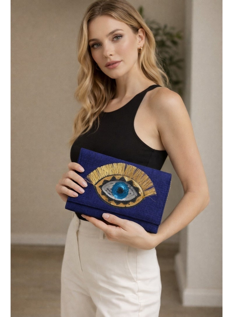 zoba Elegant women's wallet bag with a gold chain - can be worn crossbody or clutch - distinctive and luxurious eye design for outings and occasions (navy blue) - Image 2
